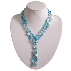 Long Open Rope Blue Pearl & Crystal Necklace