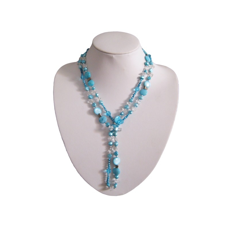 Long Open Rope Blue Pearl & Crystal Necklace