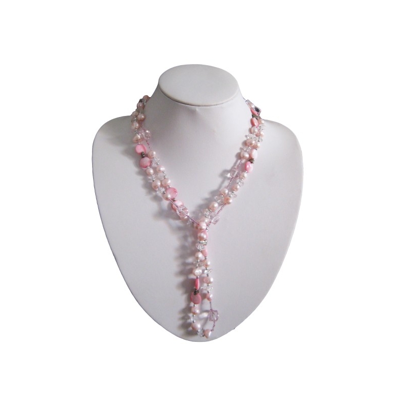 Long Open Rope Pink Pearl & Crystal Necklace
